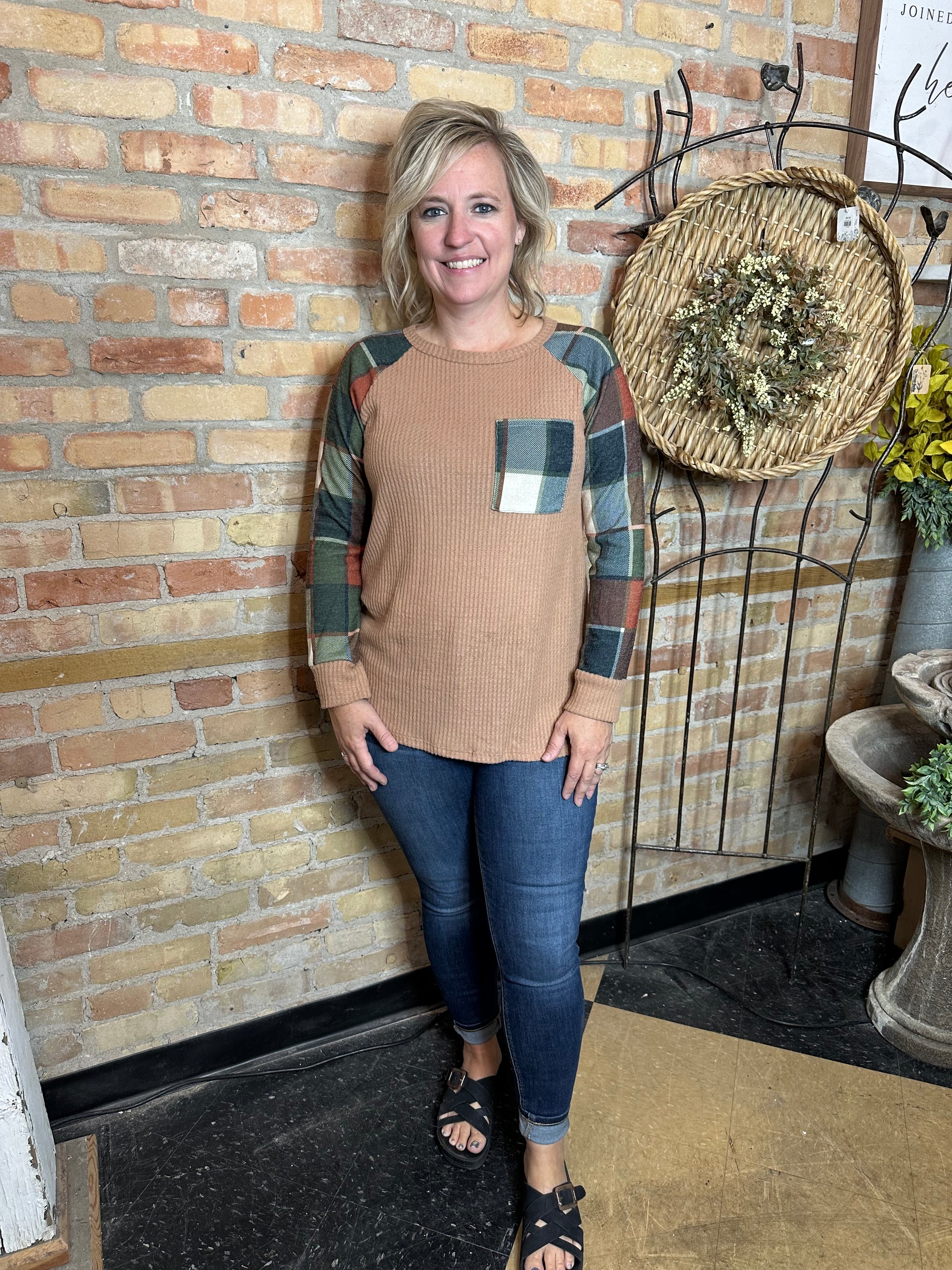 Waffle & Plaid Fall Top with Pocket