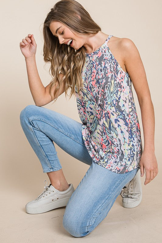 Summer Palm Sleeveless Top | Grey Floral