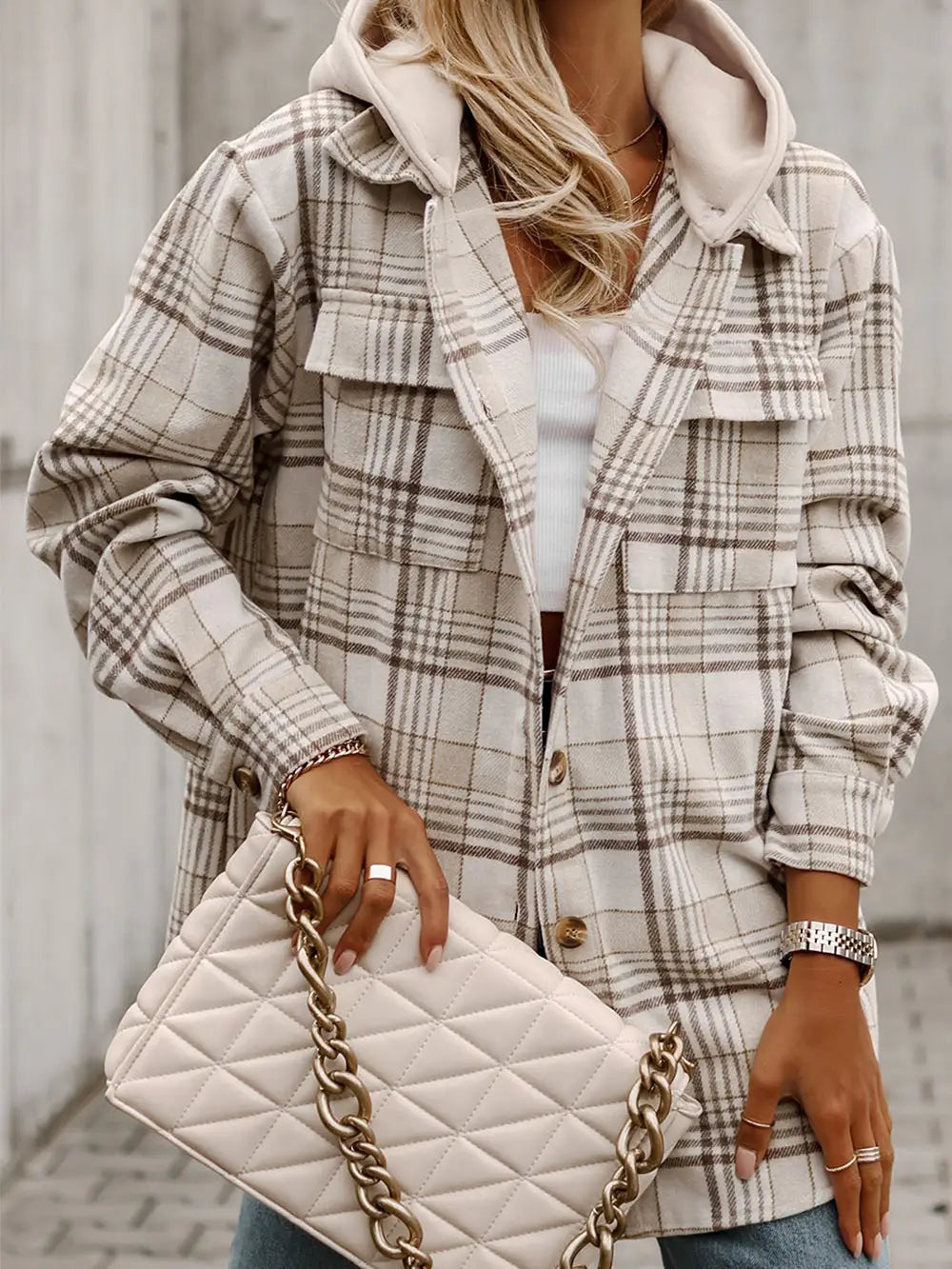 Khaki Plaid Shacket with Removable Hood