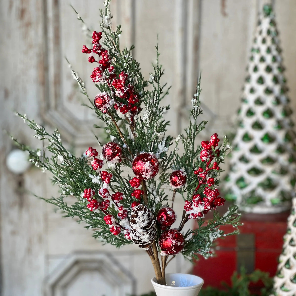 Holiday Cheer Cedar &amp; Ornament Spray | Red