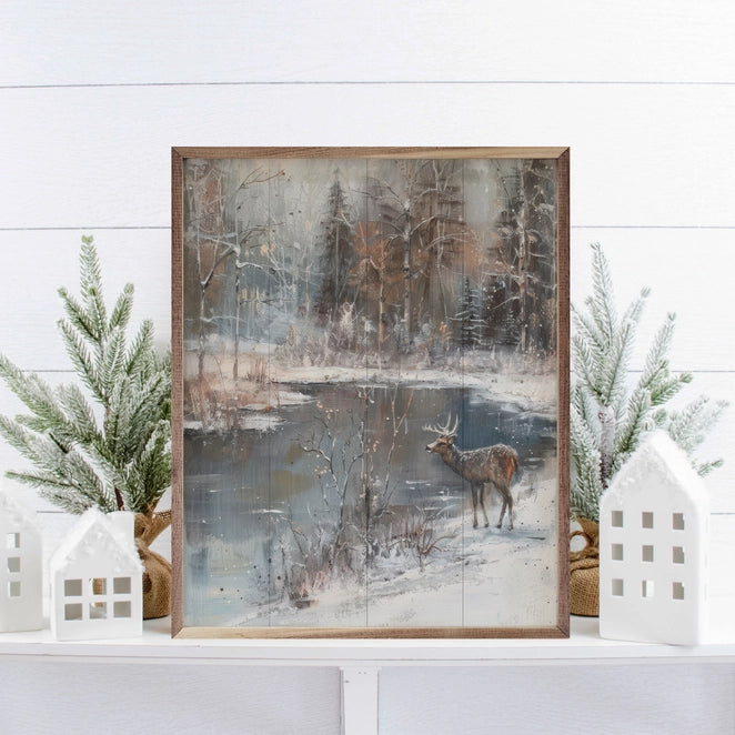 Winter Lakeside Deer Scene | Wall Art