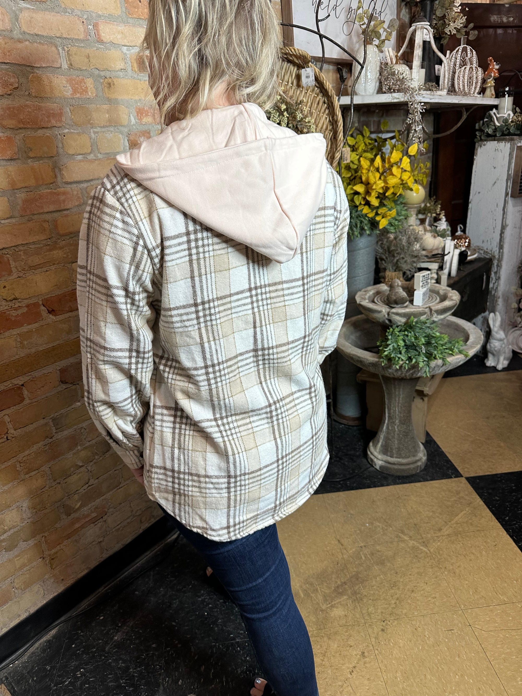 Khaki Plaid Shacket with Removable Hood
