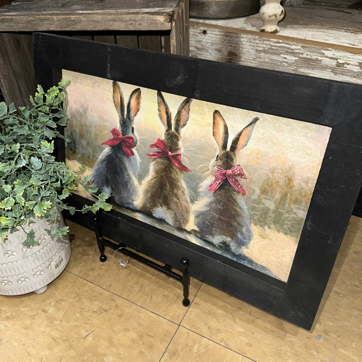 Three Bunnies with Pink Bows | Rustic Black Frame | Wall Art