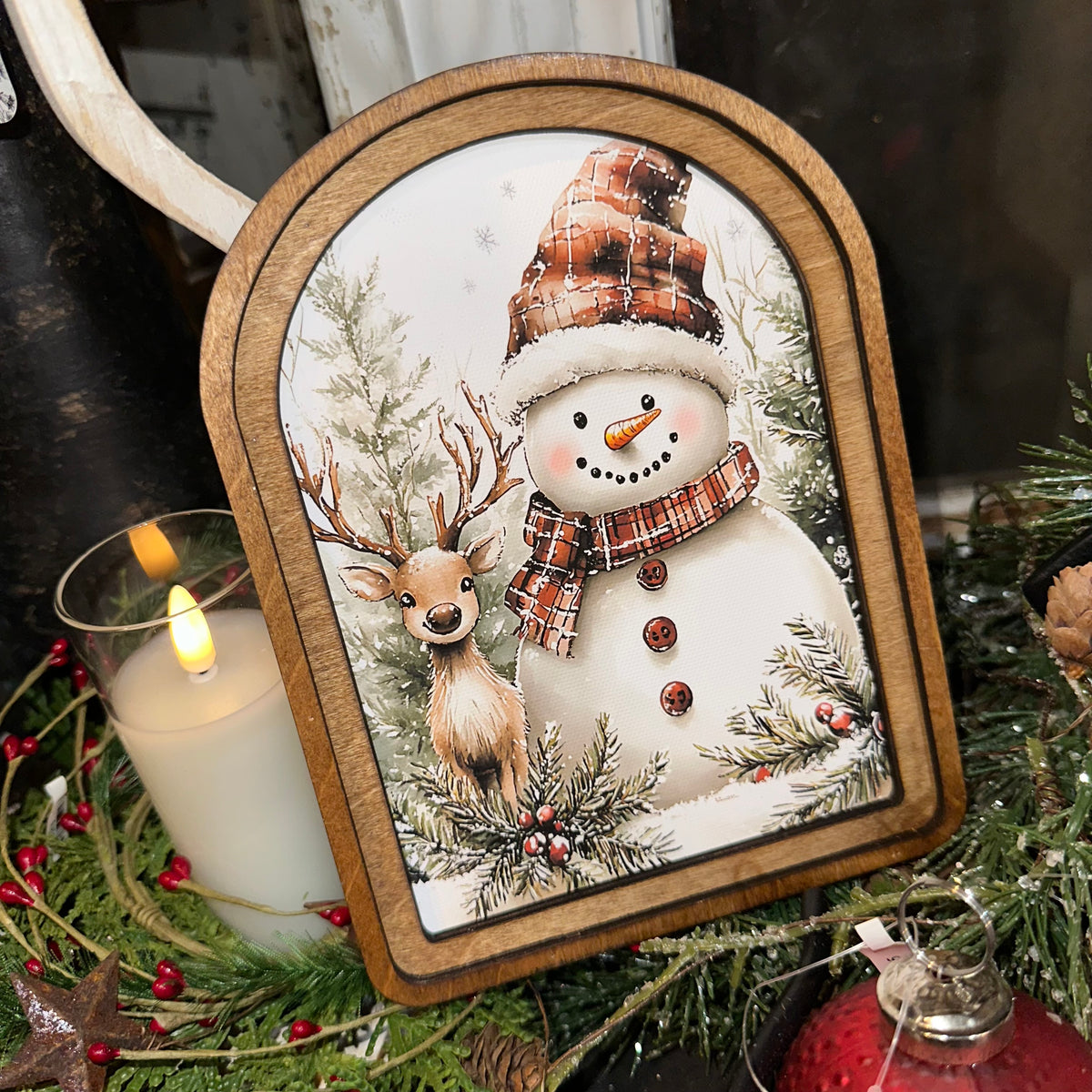 Snowman &amp; Deer | Arched Art