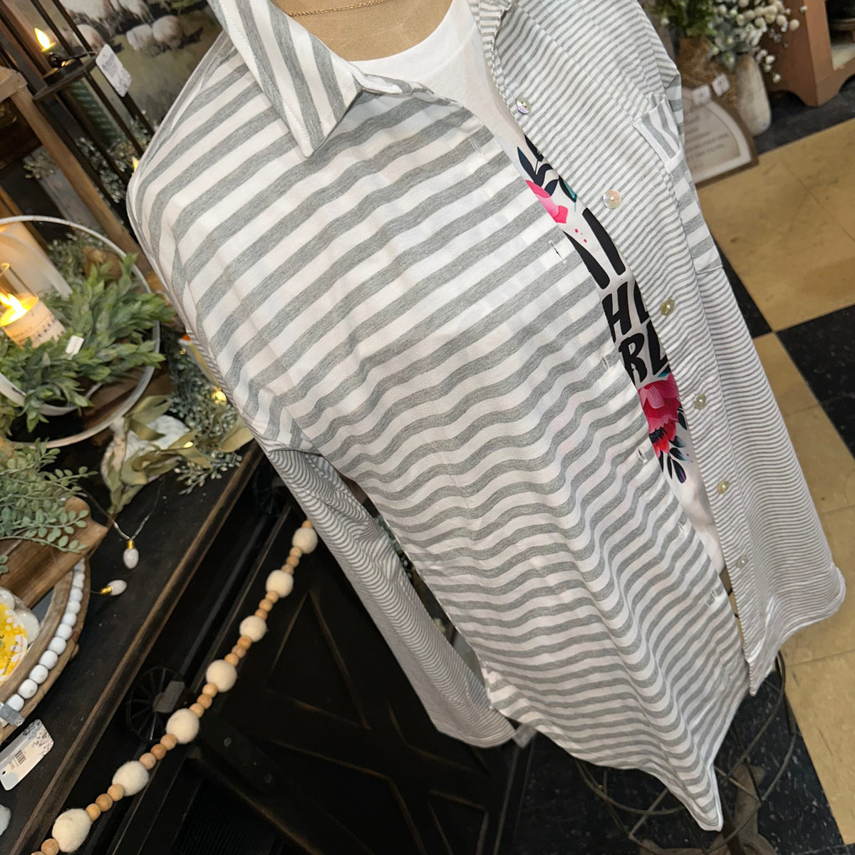 Light Gray &amp; White Striped Button Up Shirt