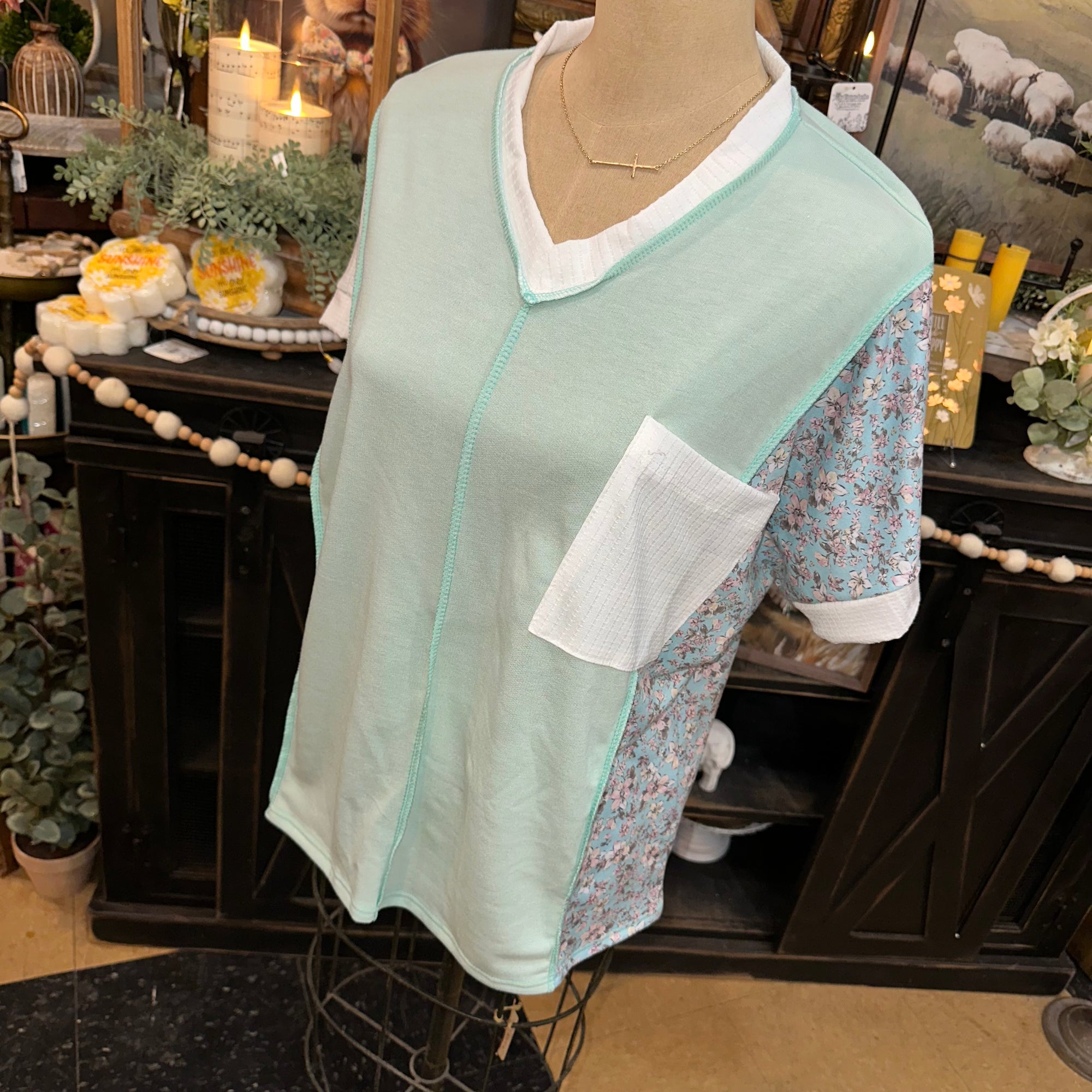 Floral & Mint Patchwork Top