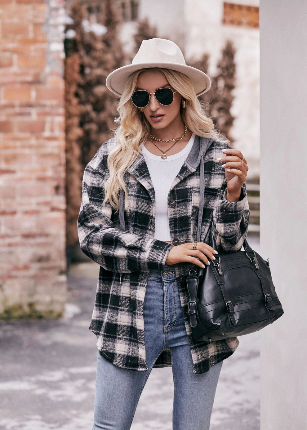 Flannel Button Up with Hood | Black & Grey