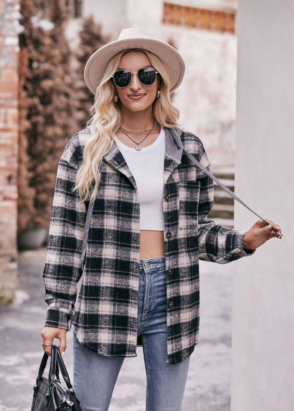 Flannel Button Up with Hood | Black &amp; Grey