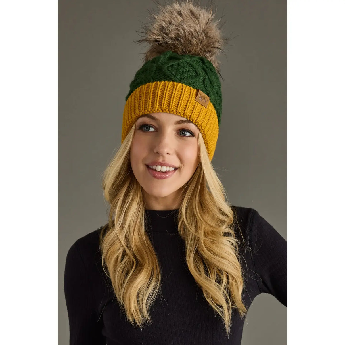 Cable Knit Pom Hat | Green &amp; Gold