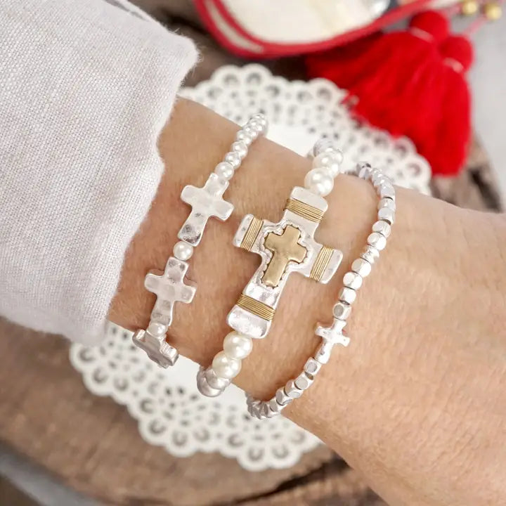 Stacked Cross Bracelet Set | Worn Silver &amp; Gold