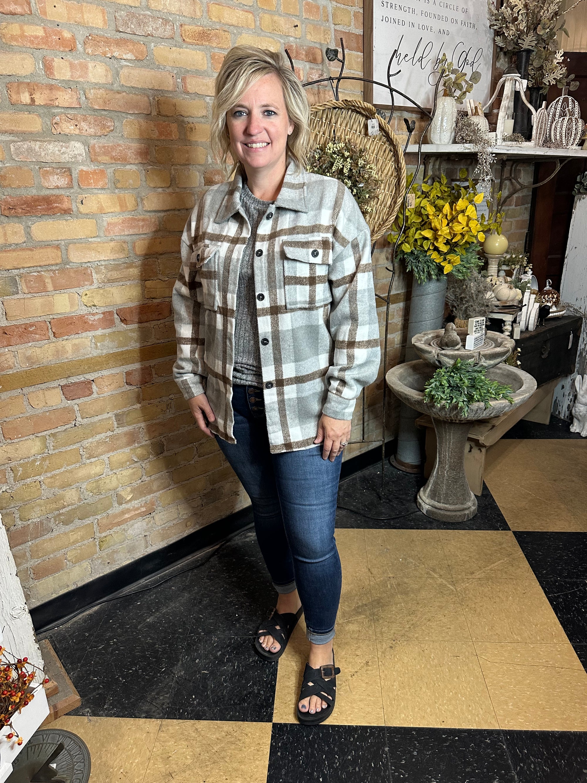 Plaid Button Up Flannel | Grey & Brown