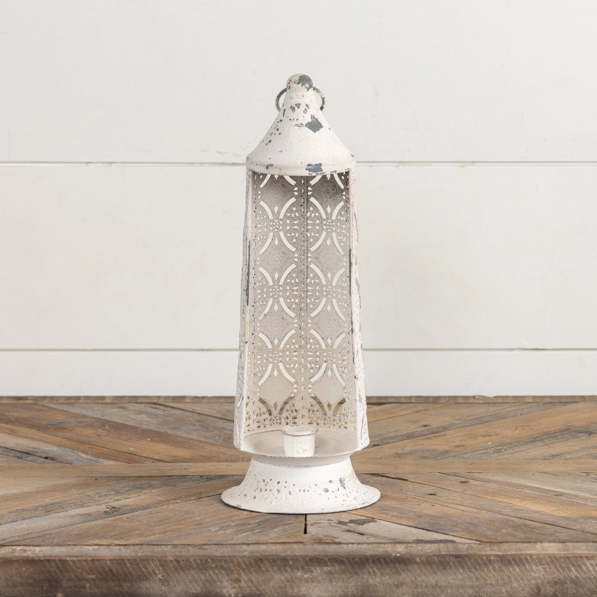 Stamped Metal Taper Candle Lantern | Vintage Cream