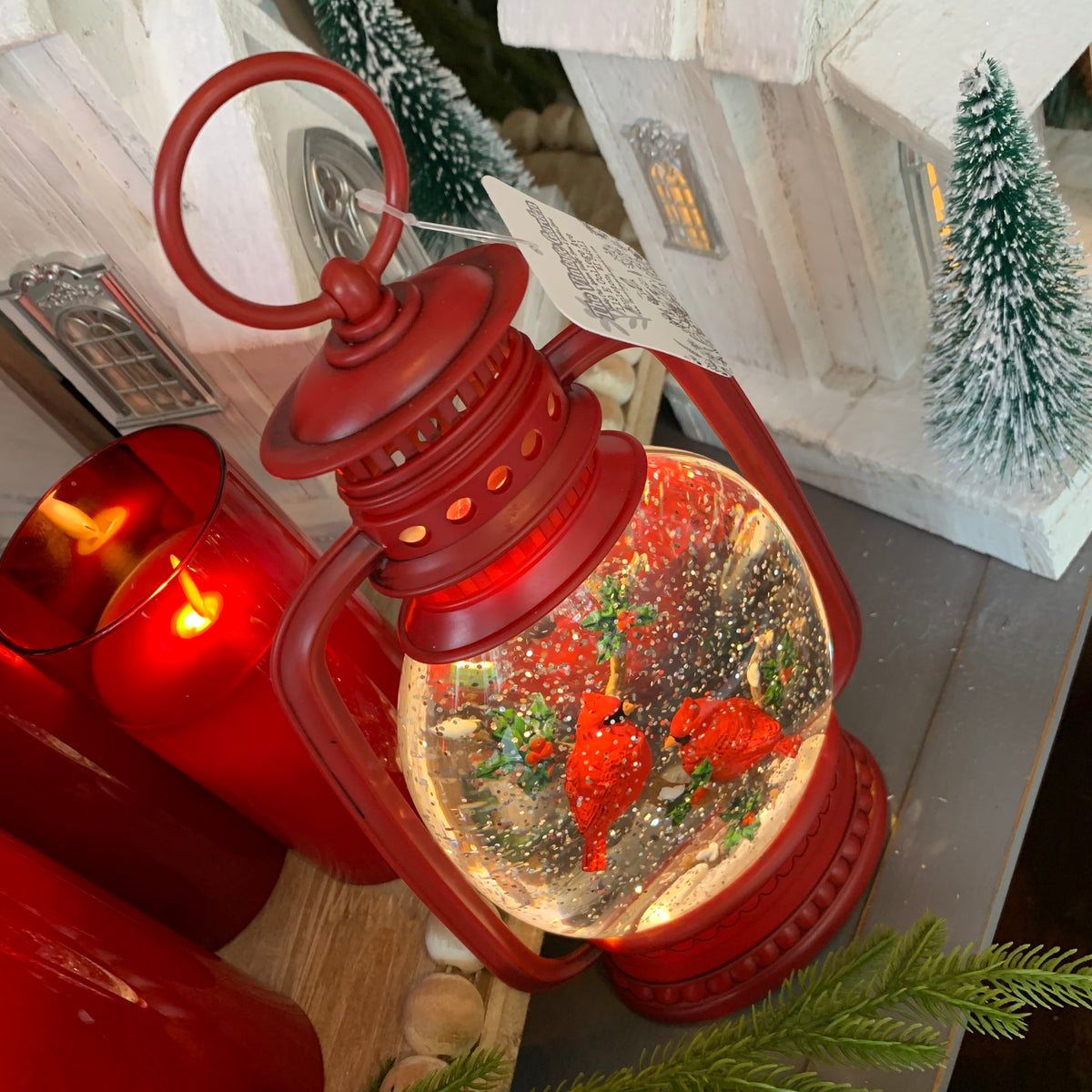 Cardinal Lantern Spinning Snow Globe | Battery Operated