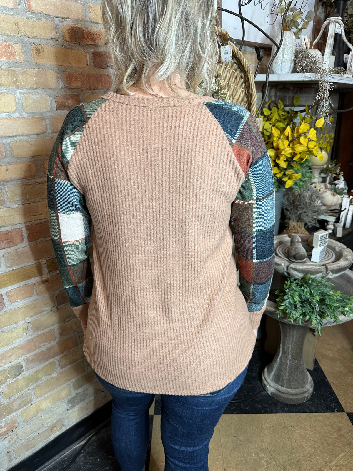 Waffle &amp; Plaid Fall Top with Pocket