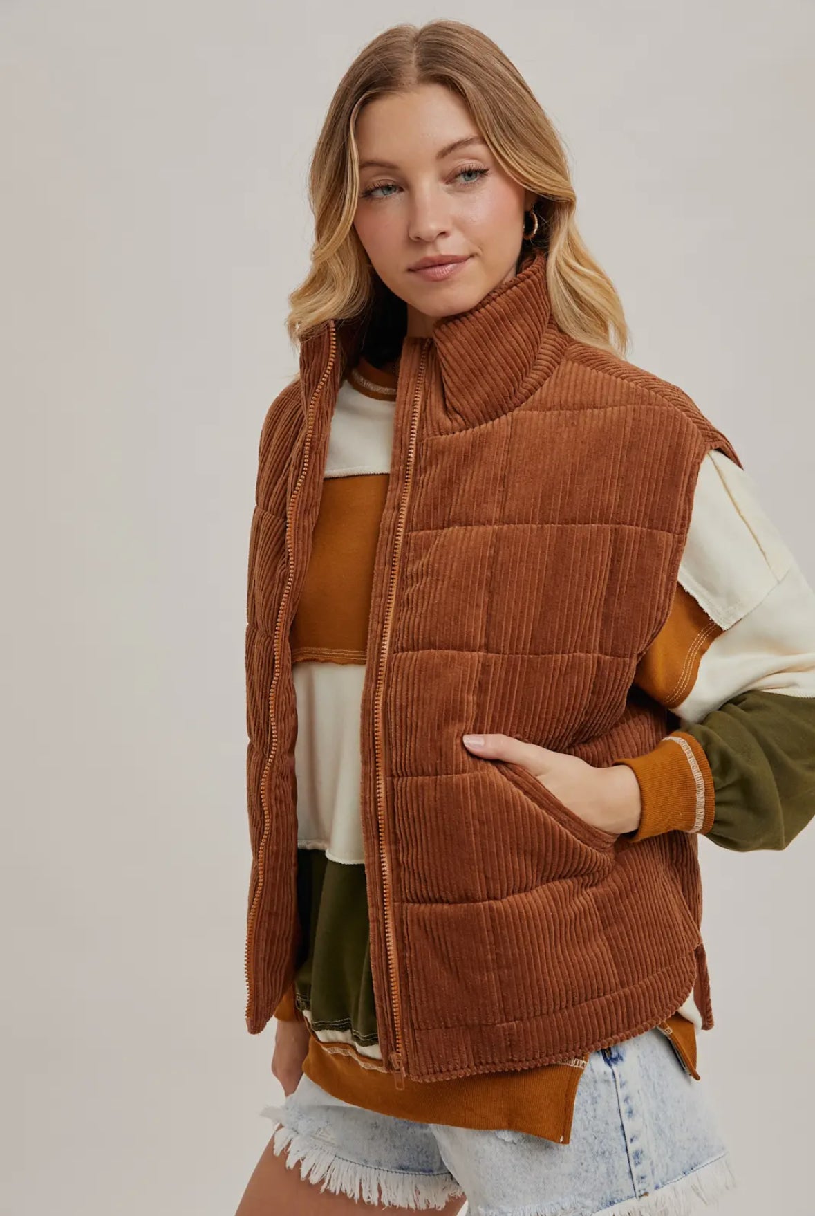 Corduroy Quilted Puffer Vest | Chestnut