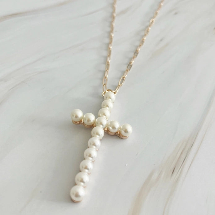 Long Cross Necklace | Pearl