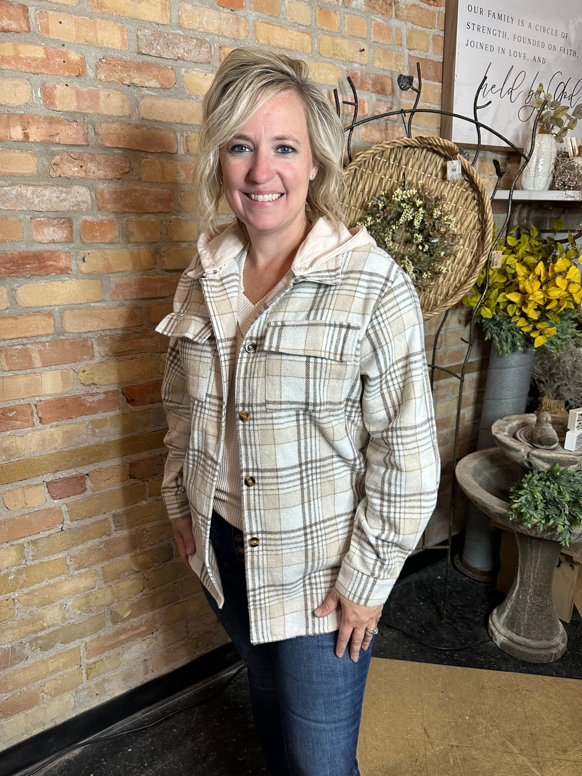 Khaki Plaid Shacket with Removable Hood