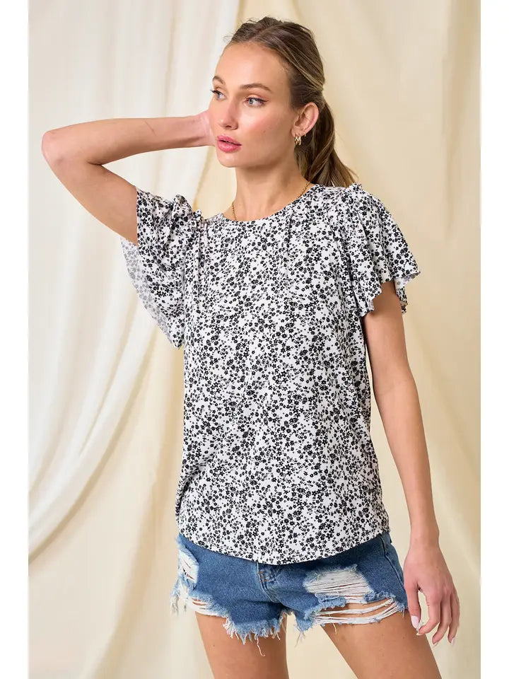 Floral Ruffle Sleeve Top | Black/White