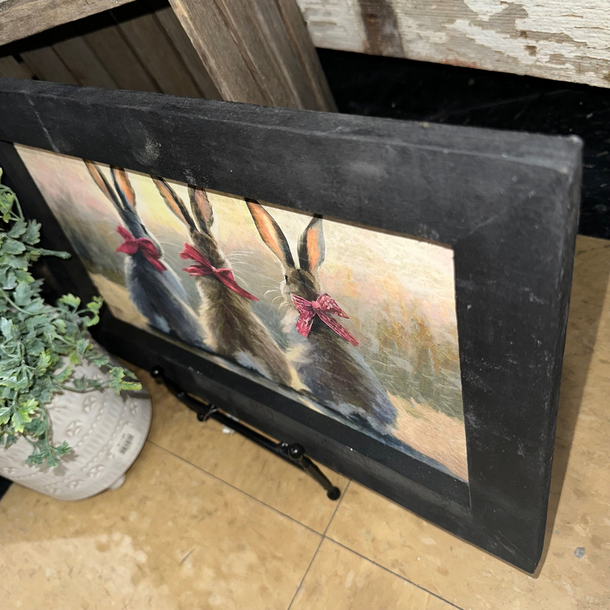 Three Bunnies with Pink Bows | Rustic Black Frame | Wall Art