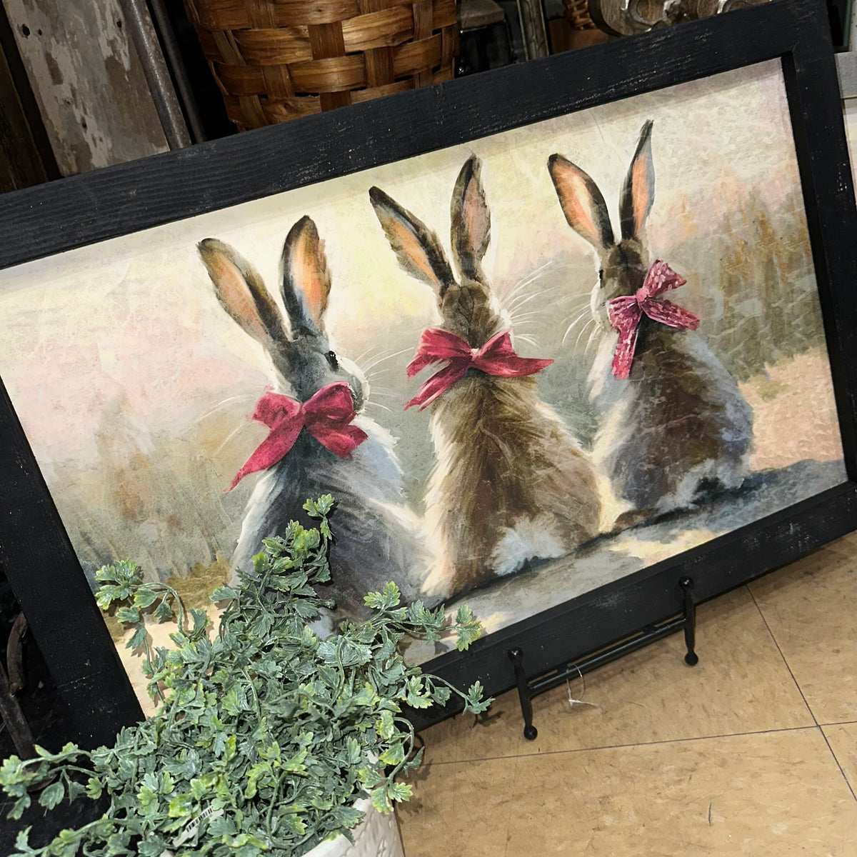 Three Bunnies with Pink Bows | Rustic Black Frame | Wall Art