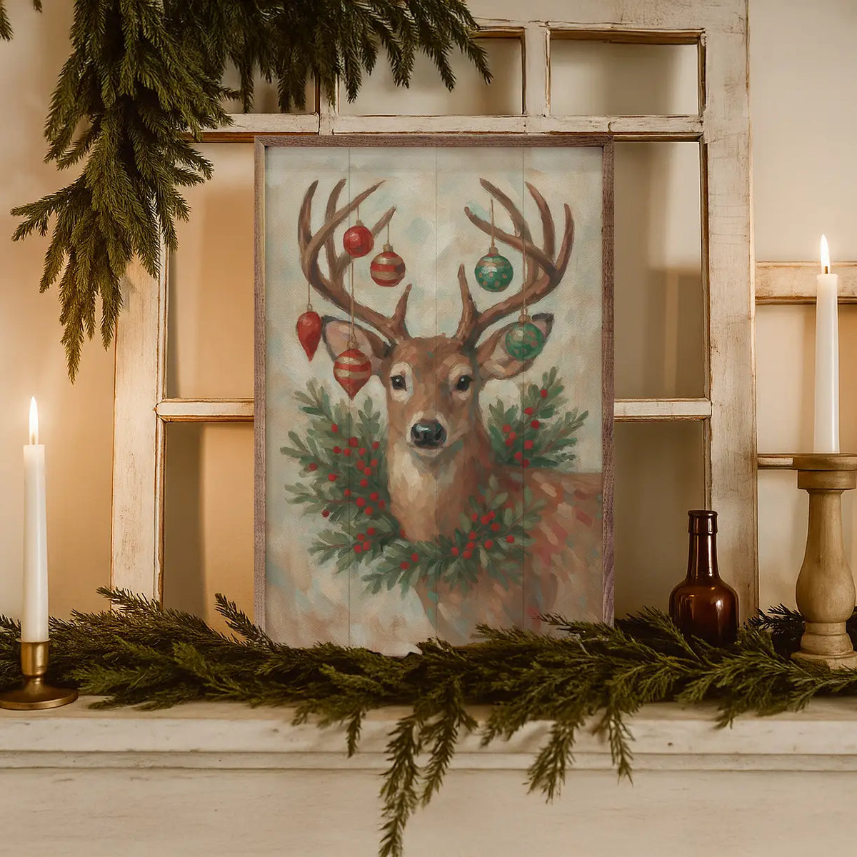 Christmas Whitetail Deer with Wreath | Wall Art