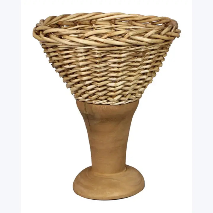 Wicker Vase on Wood Pedestal | 9.4&quot;