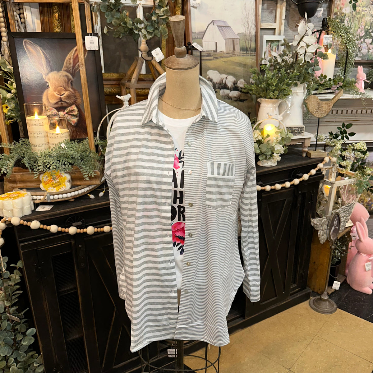 Light Gray &amp; White Striped Button Up Shirt