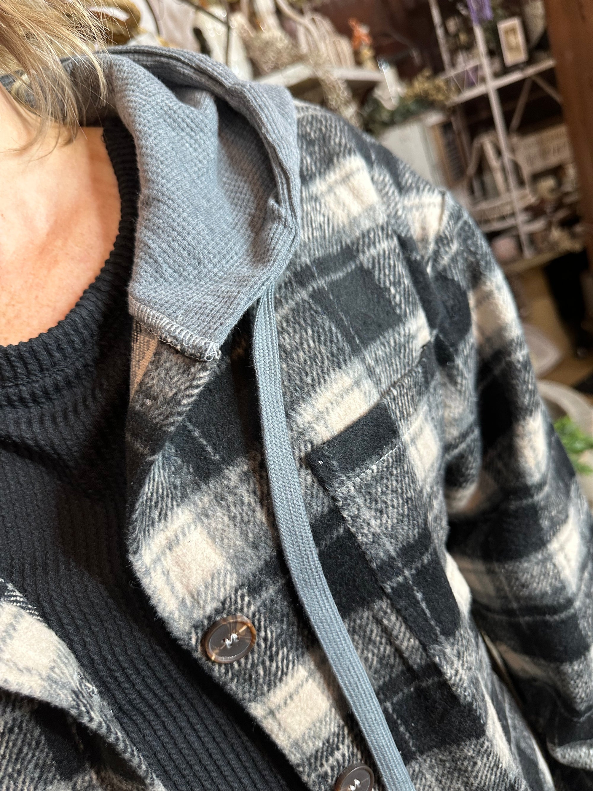 Flannel Button Up with Hood | Black & Grey