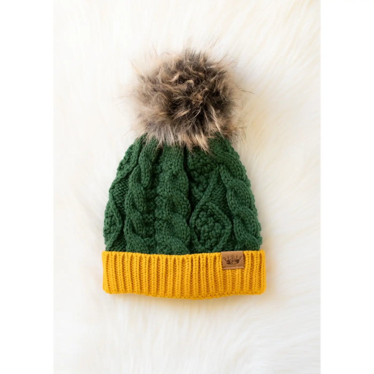 Cable Knit Pom Hat | Green &amp; Gold