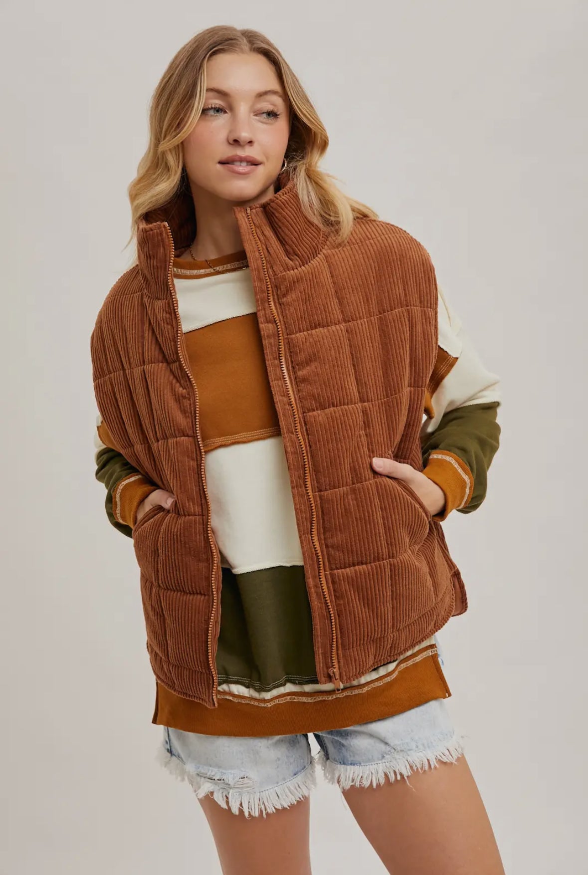 Corduroy Quilted Puffer Vest | Chestnut