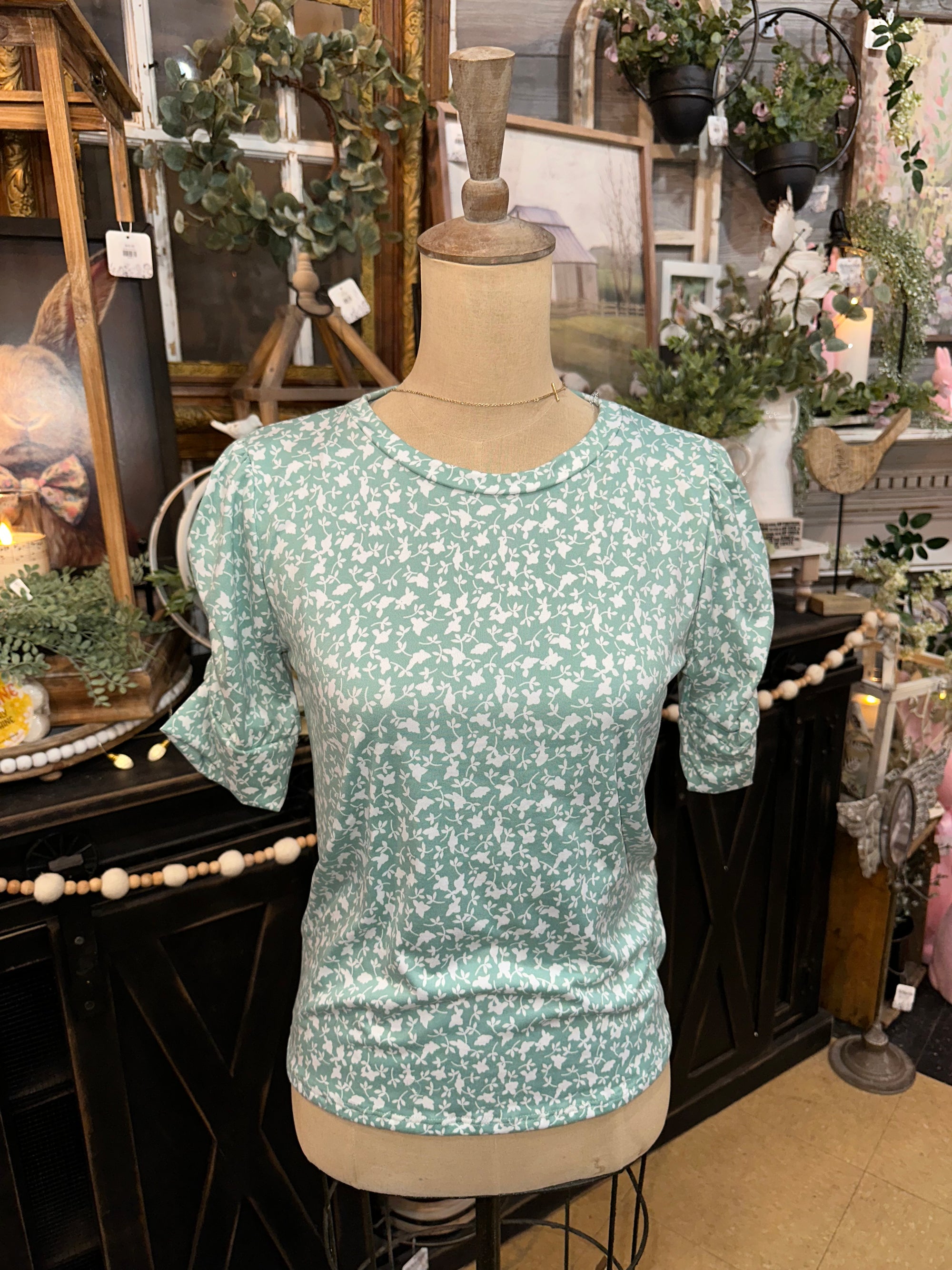 Mint Floral Puff Sleeve Top