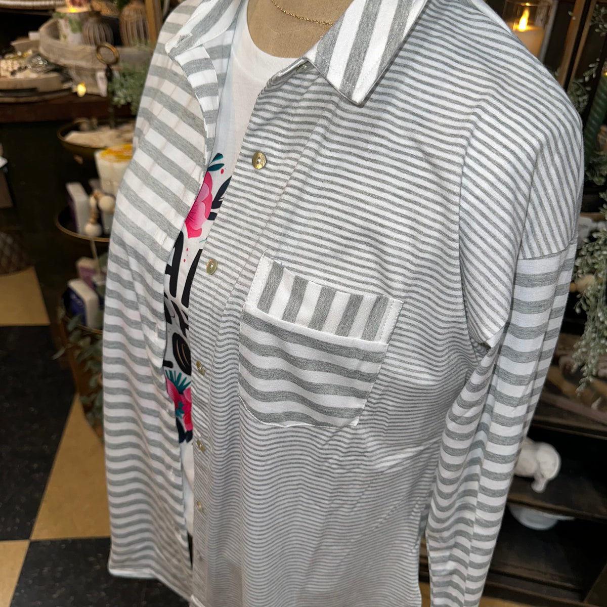 Light Gray &amp; White Striped Button Up Shirt