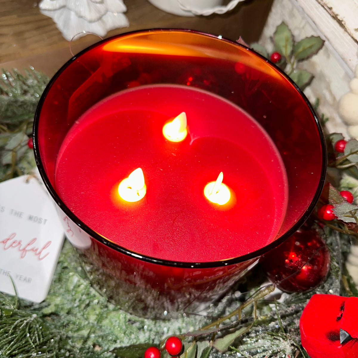 Glass Vase Candle | Red | Battery Operated | 6x6&quot;