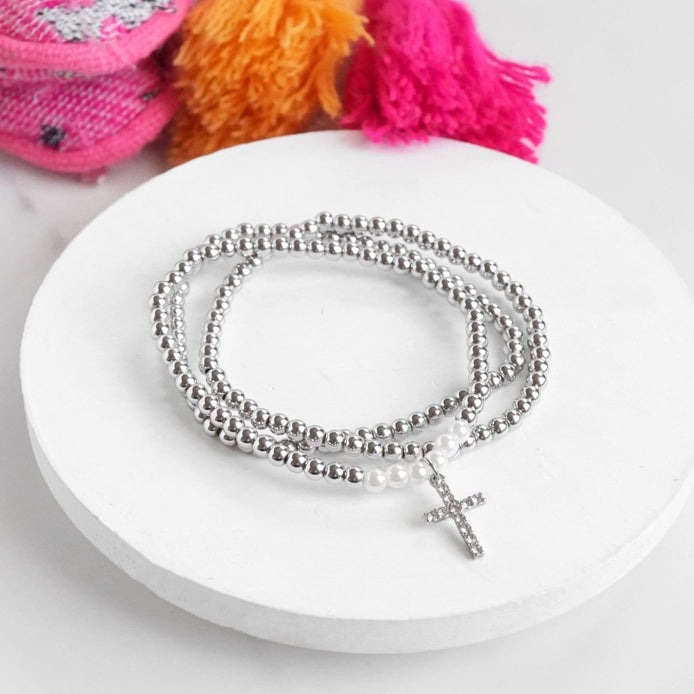 Stacked Cross Bracelet Set | Rhinestone Cross | Silver or Gold