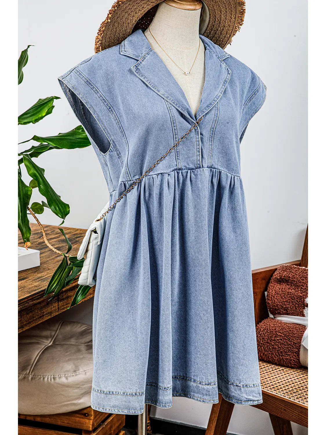 Cap Sleeve Denim Babydoll Dress