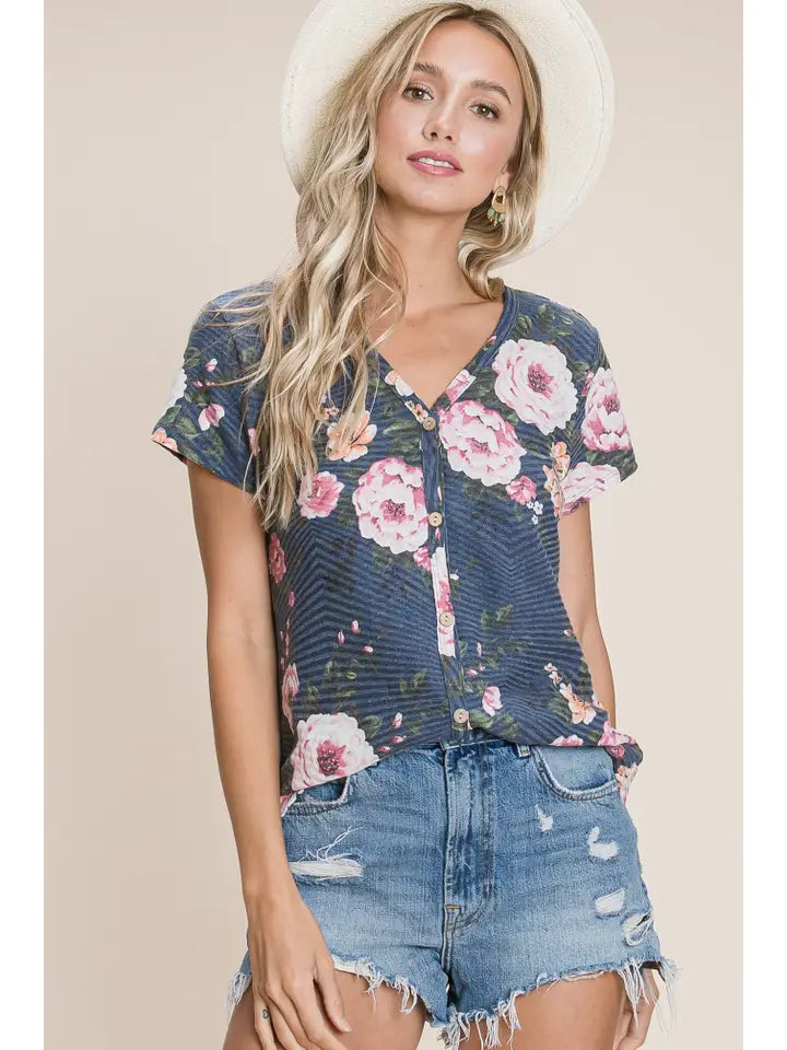 Navy Floral Button Front Top