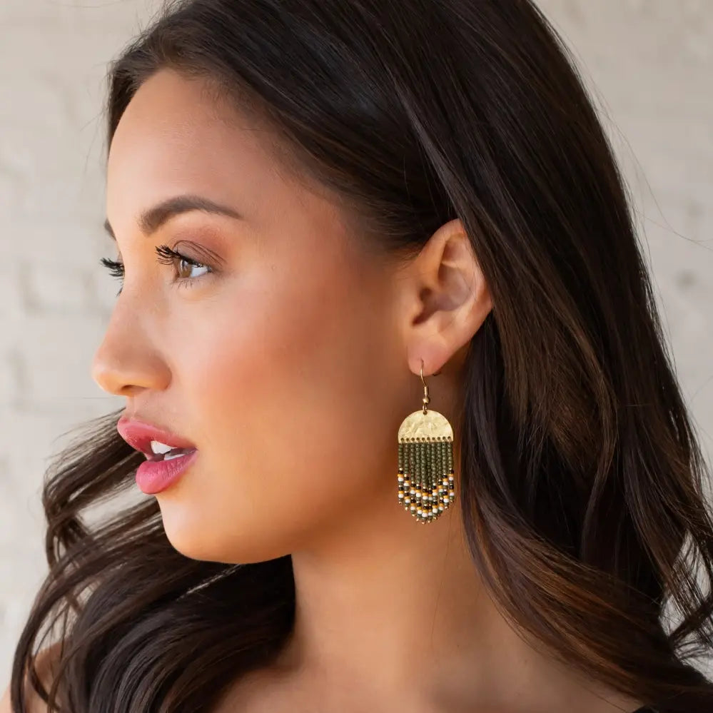 Gold & Olive Beaded Fringe | Earrings
