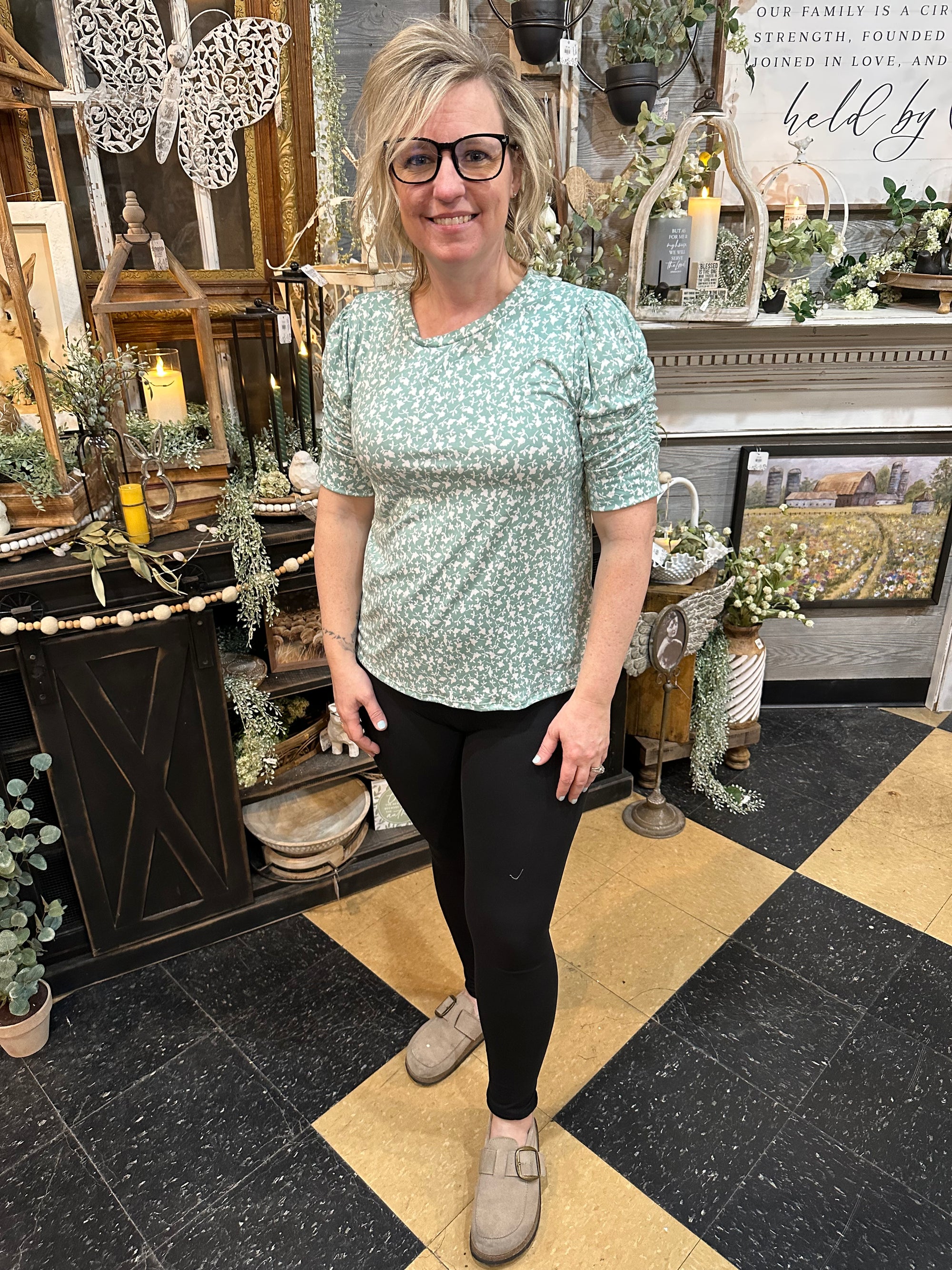 Mint Floral Puff Sleeve Top