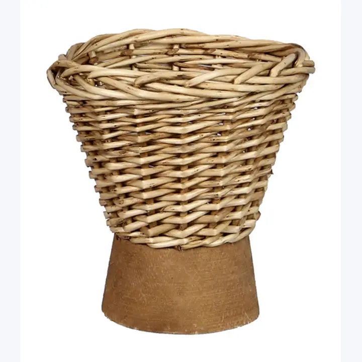 Wicker Vase on Wood Pedestal | 6.3&quot;