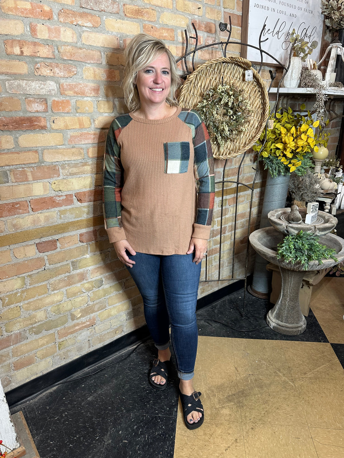 Waffle &amp; Plaid Fall Top with Pocket
