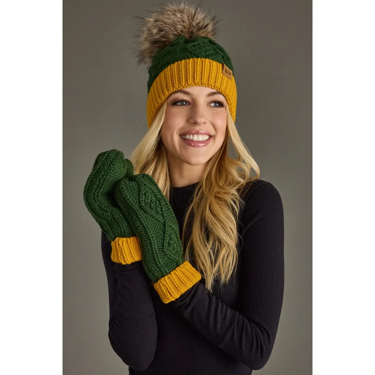 Cable Knit Pom Hat | Green & Gold