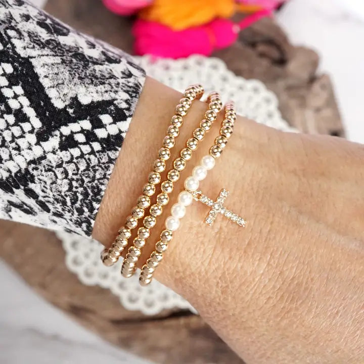 Stacked Cross Bracelet Set | Rhinestone Cross | Silver or Gold