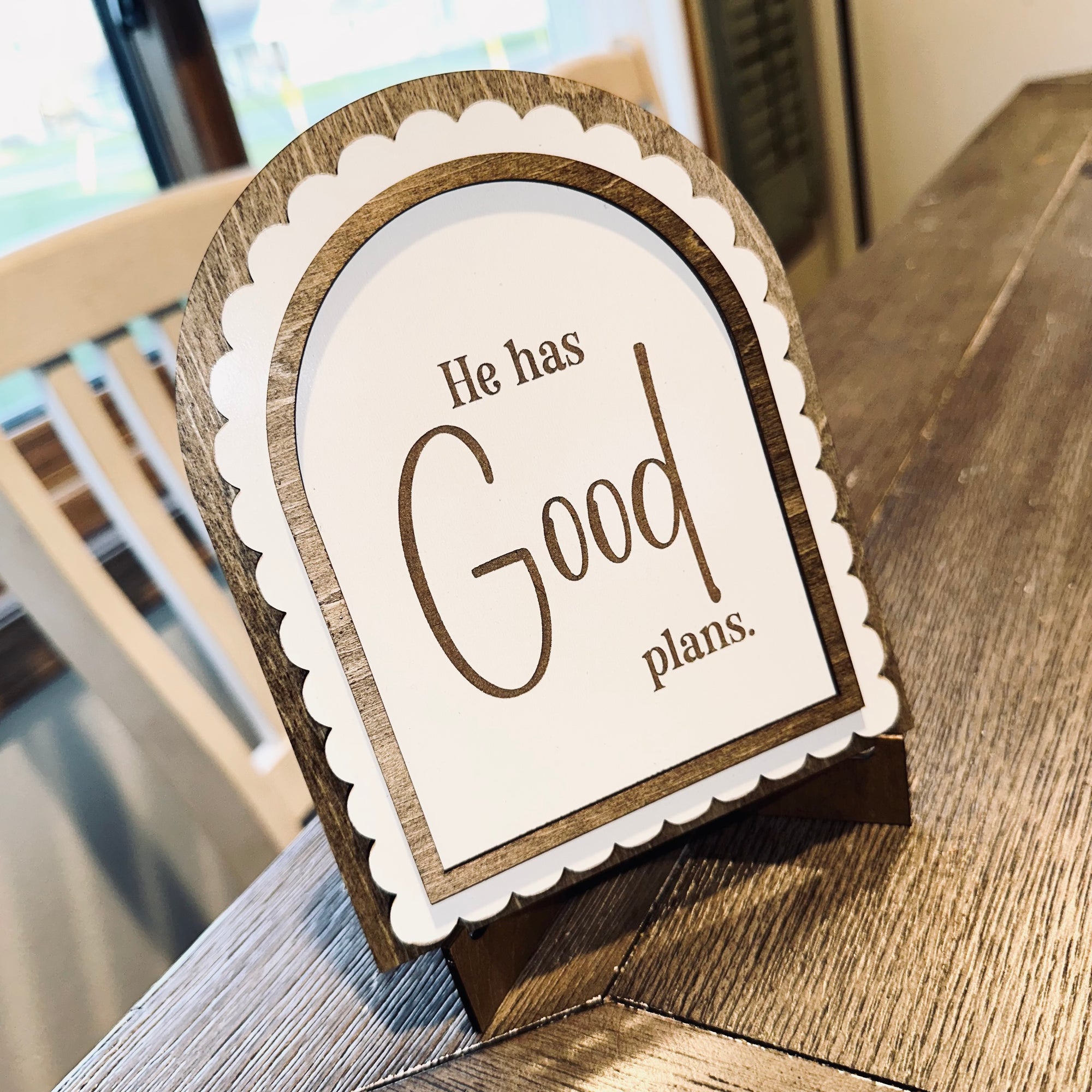 He Has Good Plans | Handmade Arched Art with Easel