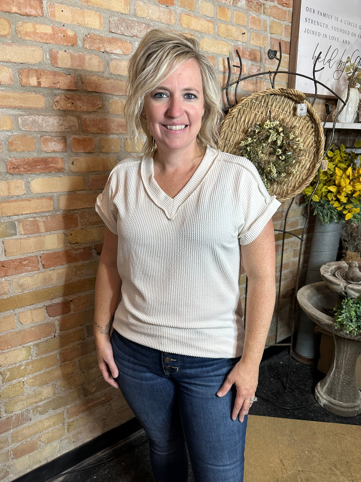 Ribbed V-Neck Top | Cream