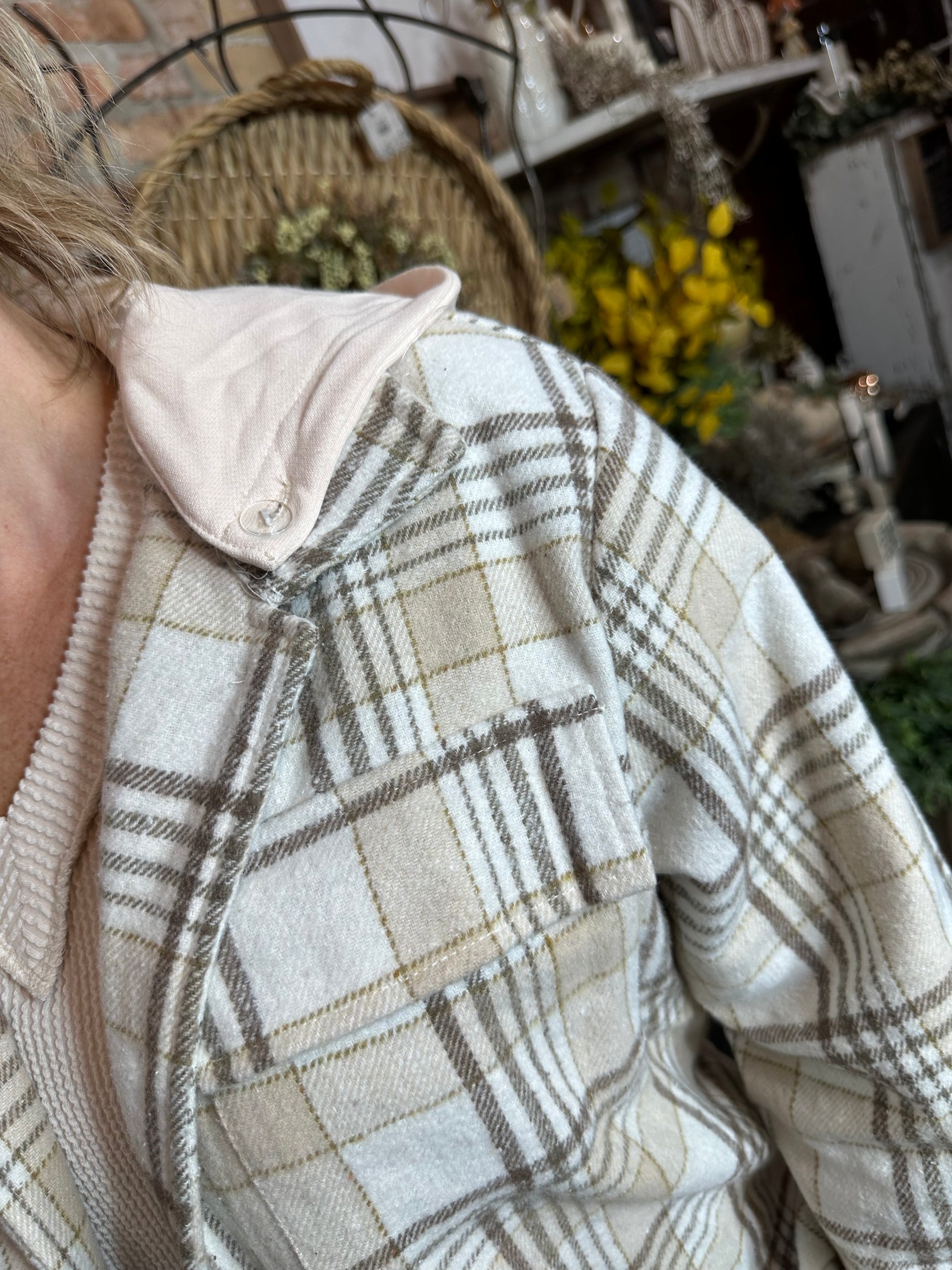Khaki Plaid Shacket with Removable Hood