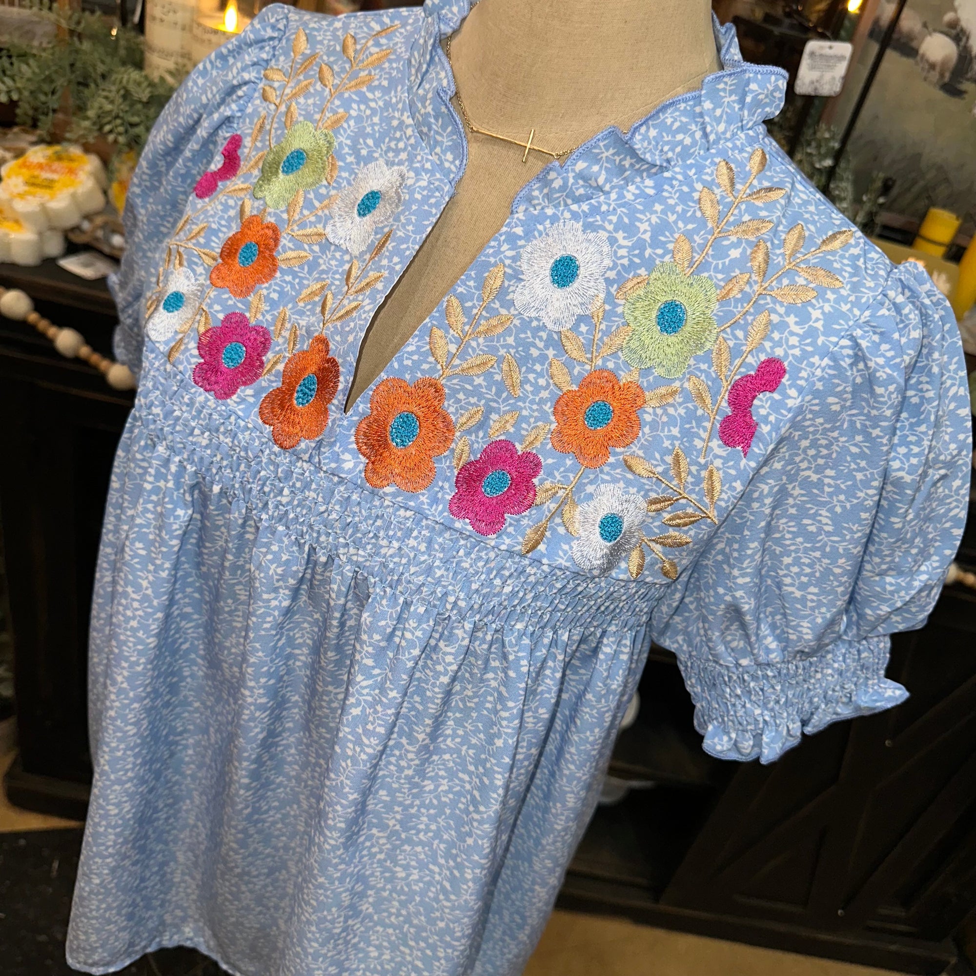 Embroidered Floral Smocked Blouse