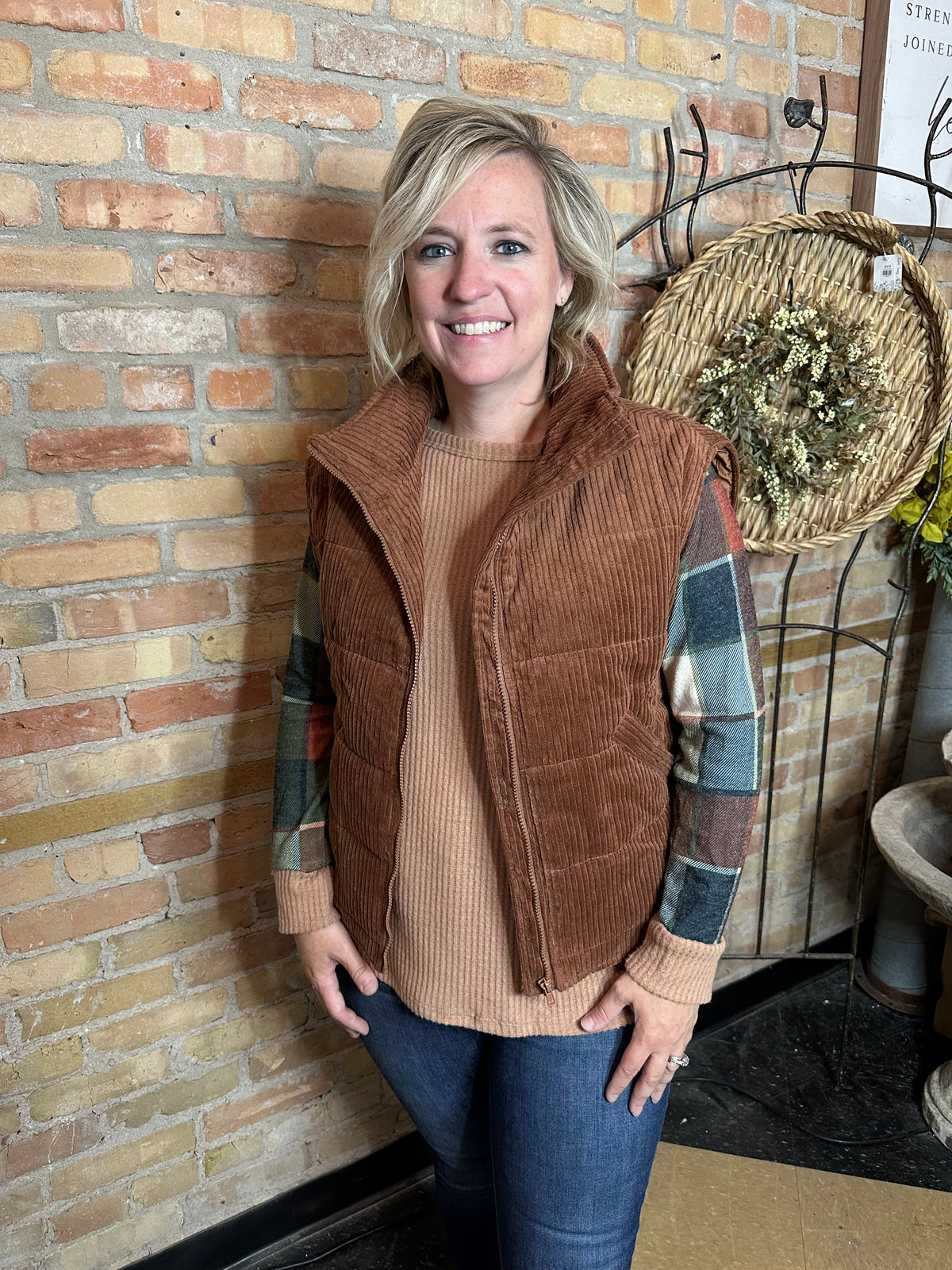 Corduroy Quilted Puffer Vest | Chestnut