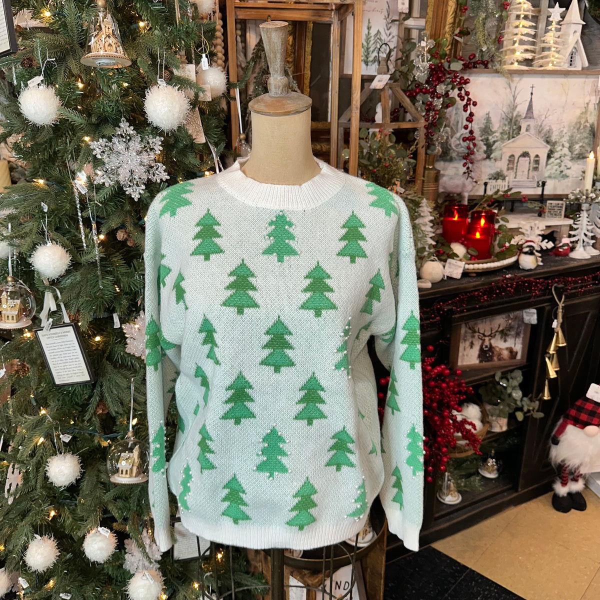 Pearl Beads Tree Sweater | Green &amp; Ivory