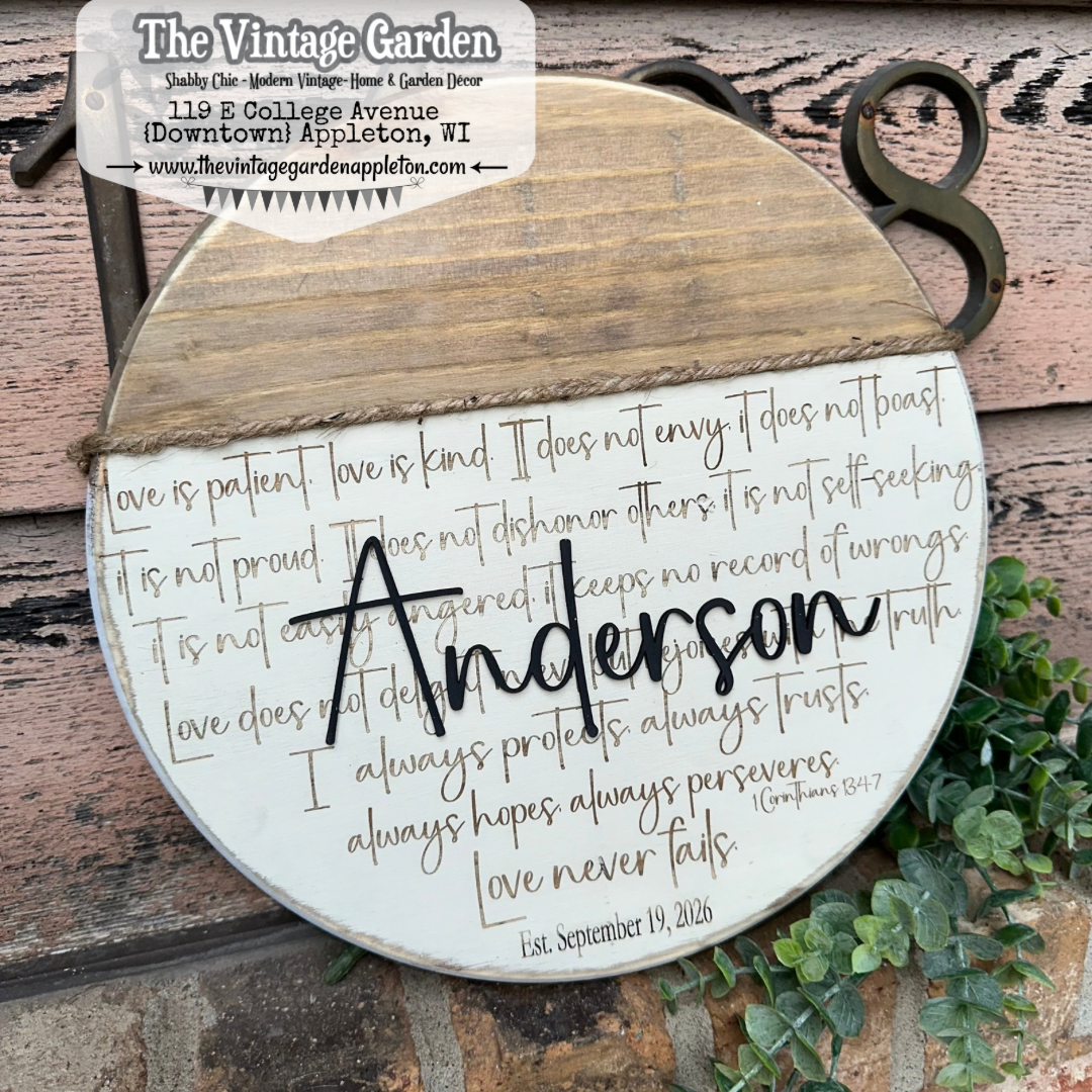 Love Never Fails | 1 Corinthians 13: 4-8 | Engagement, Wedding, Anniversary | Custom Sign