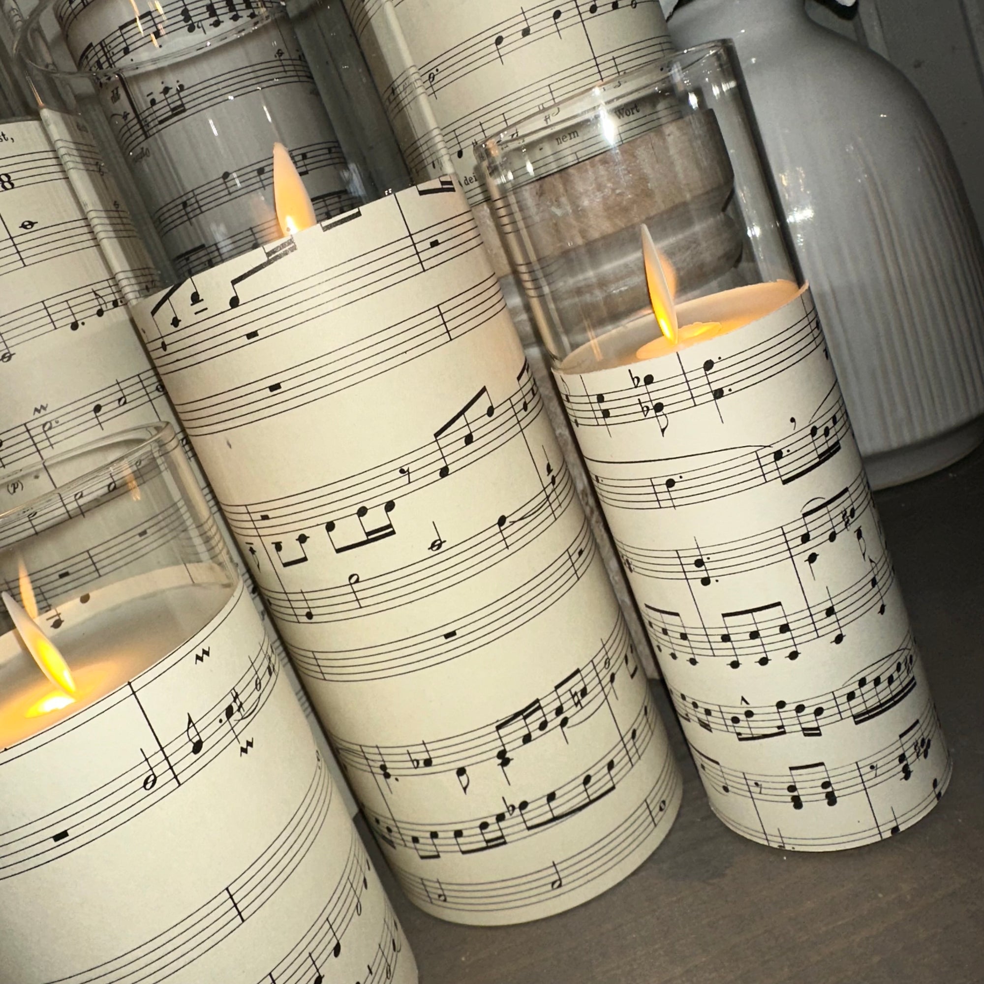 Glass Vase Candle | Vintage Music Sheet | Battery Operated